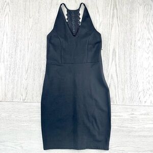 Lulus Black Lace Back Bodycon Mini Dress Womens M V-Neck Stretch